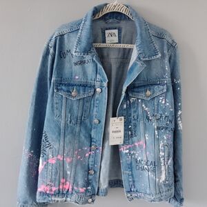 Zara Blue Denim Jacket with Artistic Splatter Men's Size L